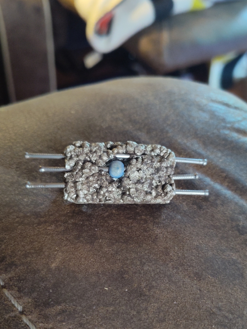 Artisan Brutalist  cement and  nails one of a kind brooch likely 1970s
